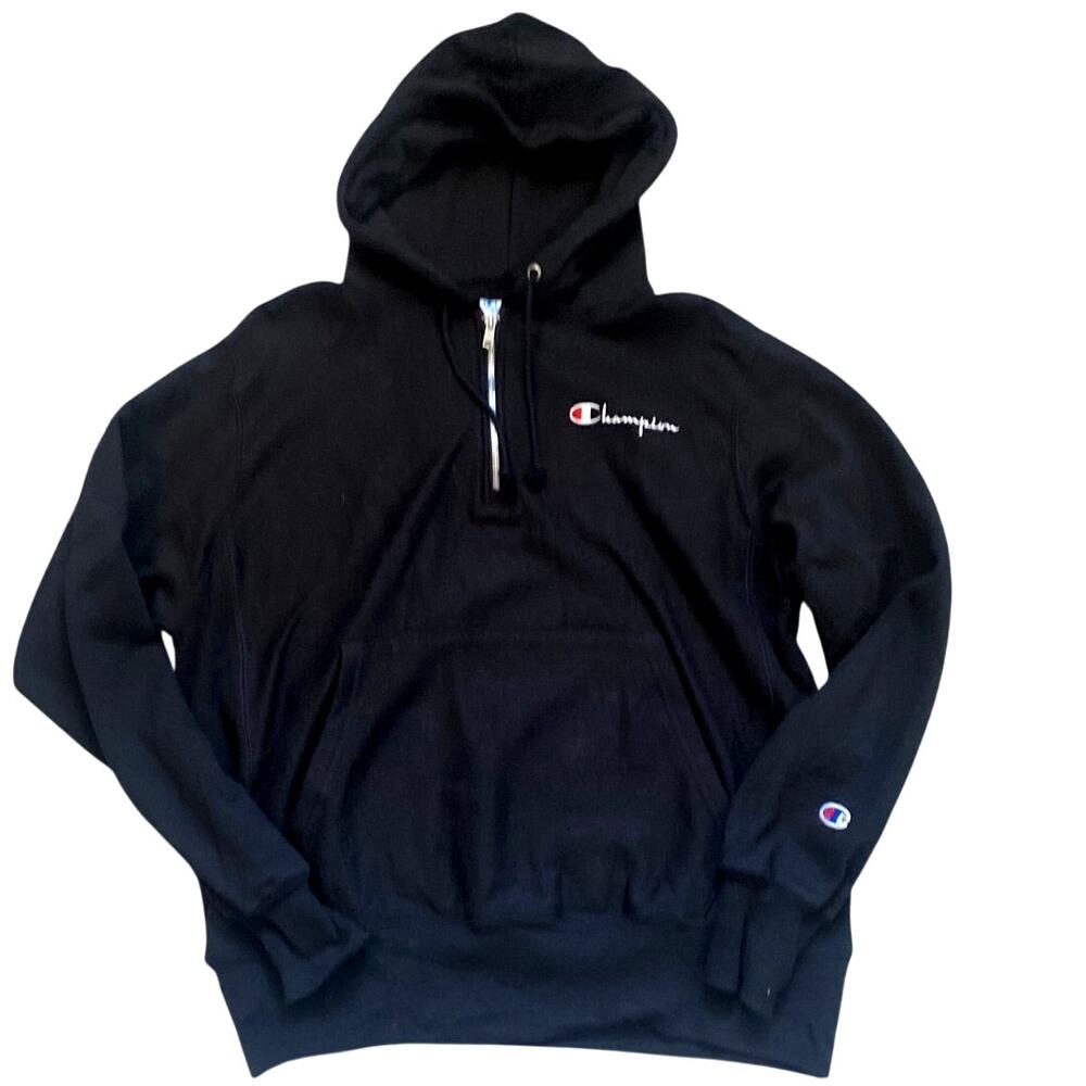 Champion Reverse Weave Quarter Zip Hoodie Black Medium Script Logo Sweatshirt